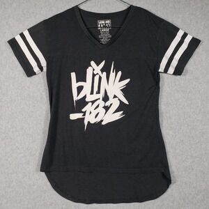 Women's Blink 182 Band T Shirt Black White V Neck Athletic Stripes Large